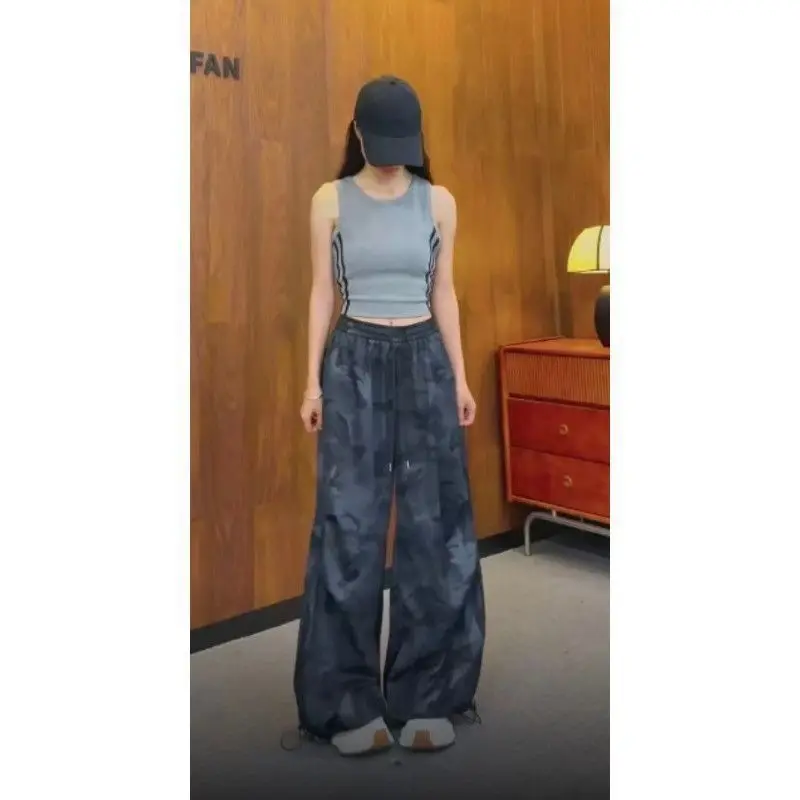 American Sweet Hot Women Camo Print Cargo Pants Attached Waist Skirt Overlay High Waist Wide Leg Streetwear Trousers New Summer