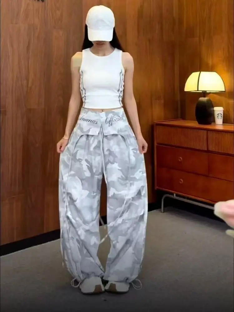 American Sweet Hot Women Camo Print Cargo Pants Attached Waist Skirt Overlay High Waist Wide Leg Streetwear Trousers New Summer