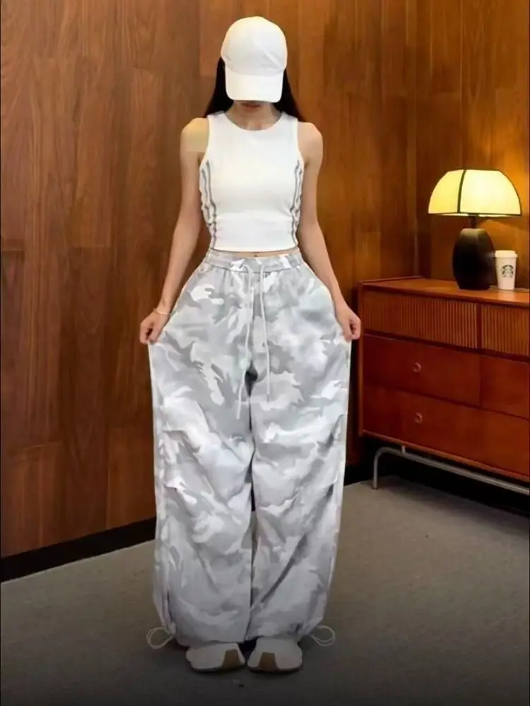 American Sweet Hot Women Camo Print Cargo Pants Attached Waist Skirt Overlay High Waist Wide Leg Streetwear Trousers New Summer