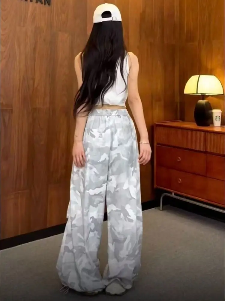 American Sweet Hot Women Camo Print Cargo Pants Attached Waist Skirt Overlay High Waist Wide Leg Streetwear Trousers New Summer