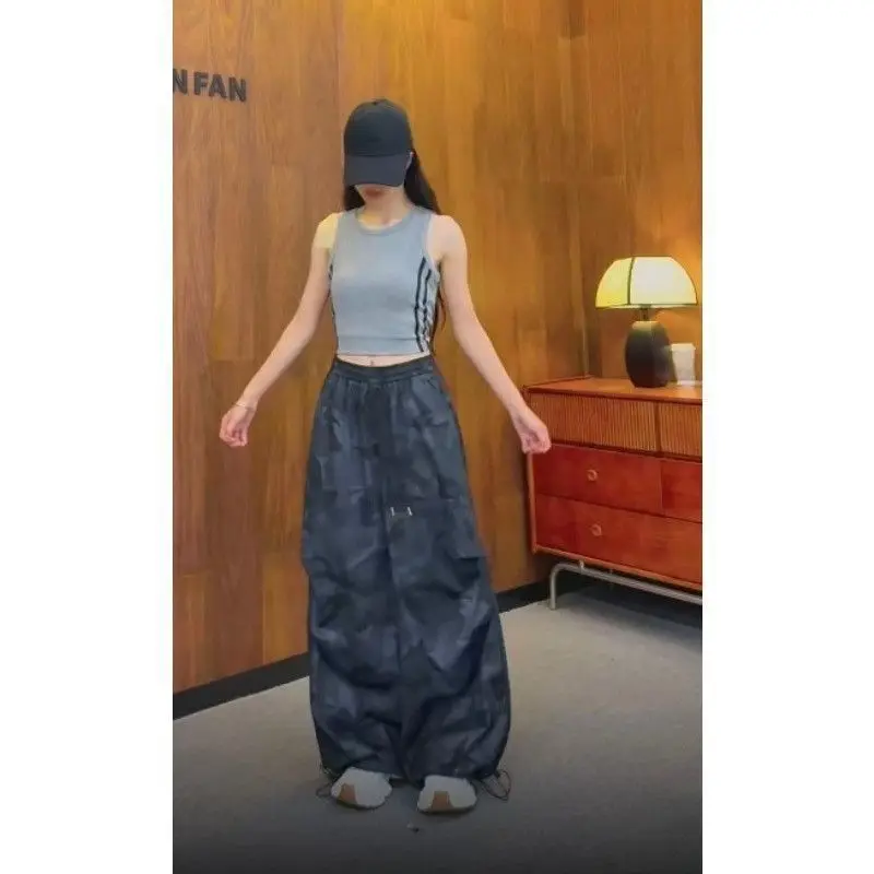 American Sweet Hot Women Camo Print Cargo Pants Attached Waist Skirt Overlay High Waist Wide Leg Streetwear Trousers New Summer