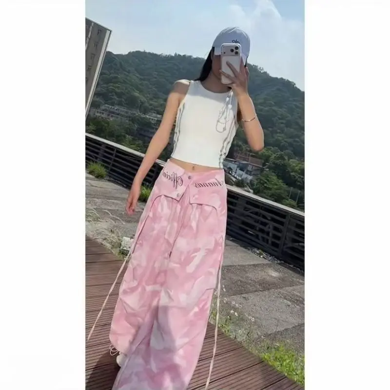 American Sweet Hot Women Camo Print Cargo Pants Attached Waist Skirt Overlay High Waist Wide Leg Streetwear Trousers New Summer
