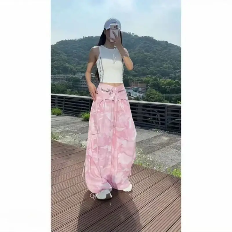 American Sweet Hot Women Camo Print Cargo Pants Attached Waist Skirt Overlay High Waist Wide Leg Streetwear Trousers New Summer
