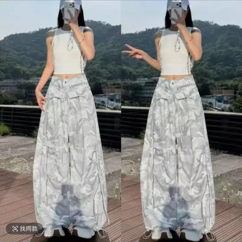 American Sweet Hot Women Camo Print Cargo Pants Attached Waist Skirt Overlay High Waist Wide Leg Streetwear Trousers New Summer