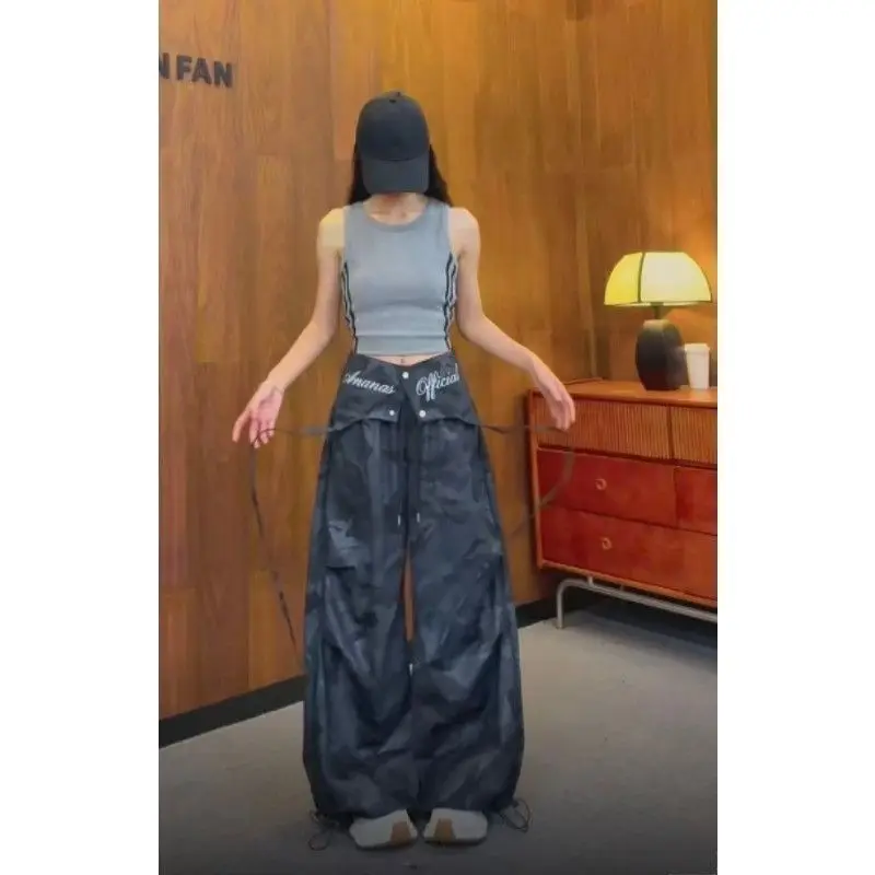 American Sweet Hot Women Camo Print Cargo Pants Attached Waist Skirt Overlay High Waist Wide Leg Streetwear Trousers New Summer