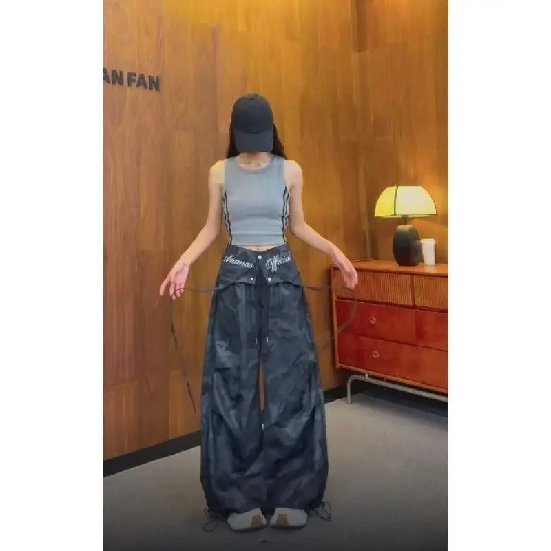 American Sweet Hot Women Camo Print Cargo Pants Attached Waist Skirt Overlay High Waist Wide Leg Streetwear Trousers New Summer