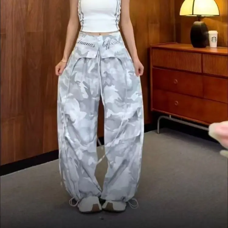 American Sweet Hot Women Camo Print Cargo Pants Attached Waist Skirt Overlay High Waist Wide Leg Streetwear Trousers New Summer