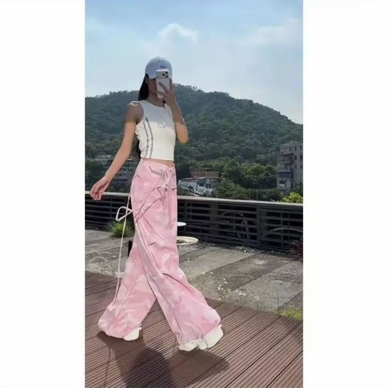 American Sweet Hot Women Camo Print Cargo Pants Attached Waist Skirt Overlay High Waist Wide Leg Streetwear Trousers New Summer