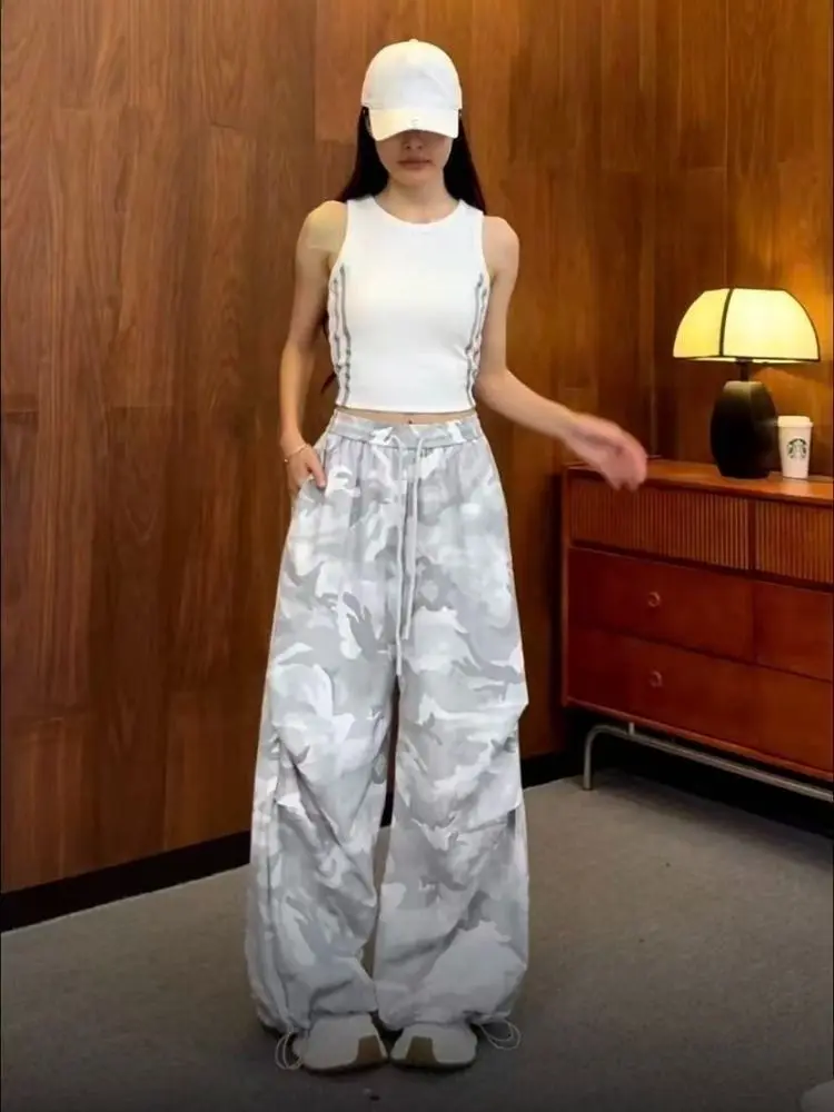 American Sweet Hot Women Camo Print Cargo Pants Attached Waist Skirt Overlay High Waist Wide Leg Streetwear Trousers New Summer