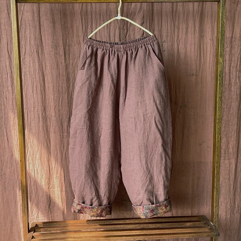 Johnature Women Vintage Linen Elastic Waist Pants Plus Cotton Warm Winter Trouser 2025 New Solid Color Pockets Loose Long Pants