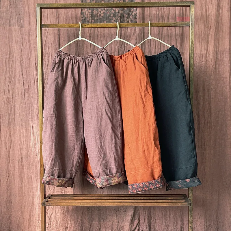 Johnature Women Vintage Linen Elastic Waist Pants Plus Cotton Warm Winter Trouser 2025 New Solid Color Pockets Loose Long Pants