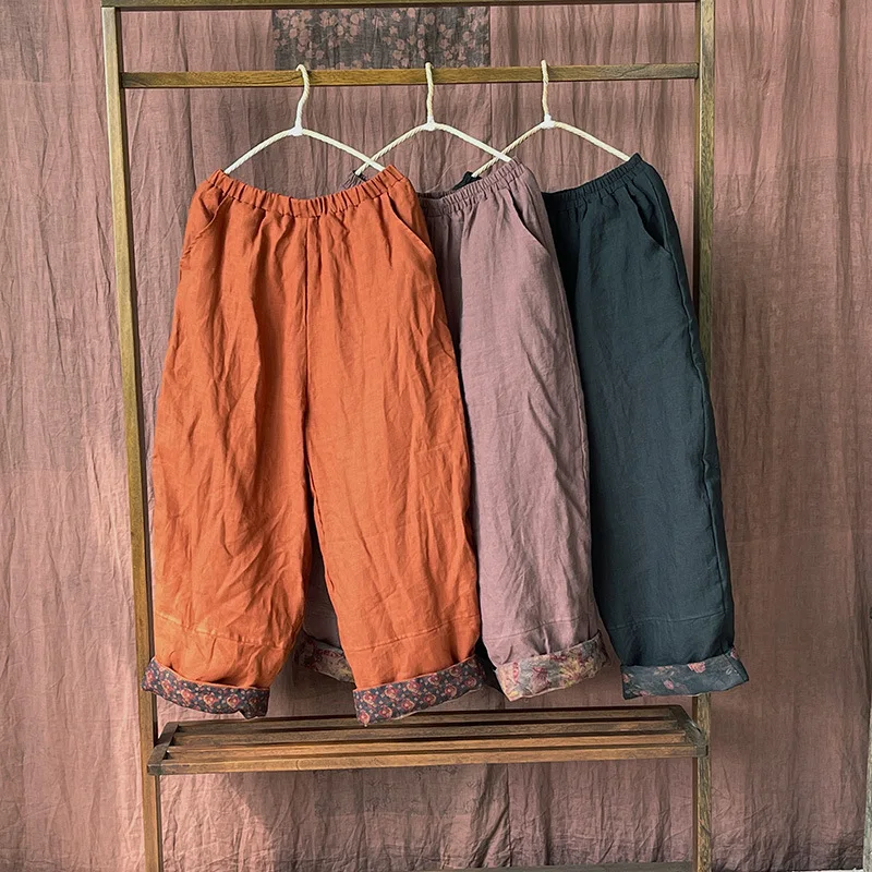 Johnature Women Vintage Linen Elastic Waist Pants Plus Cotton Warm Winter Trouser 2025 New Solid Color Pockets Loose Long Pants