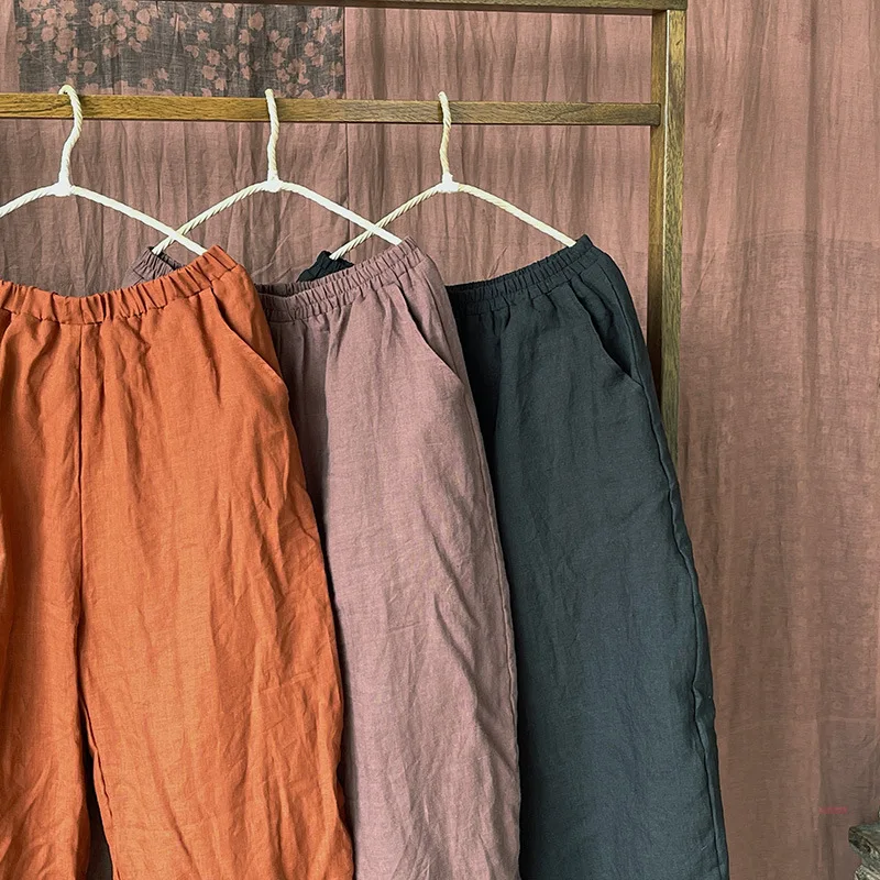 Johnature Women Vintage Linen Elastic Waist Pants Plus Cotton Warm Winter Trouser 2025 New Solid Color Pockets Loose Long Pants