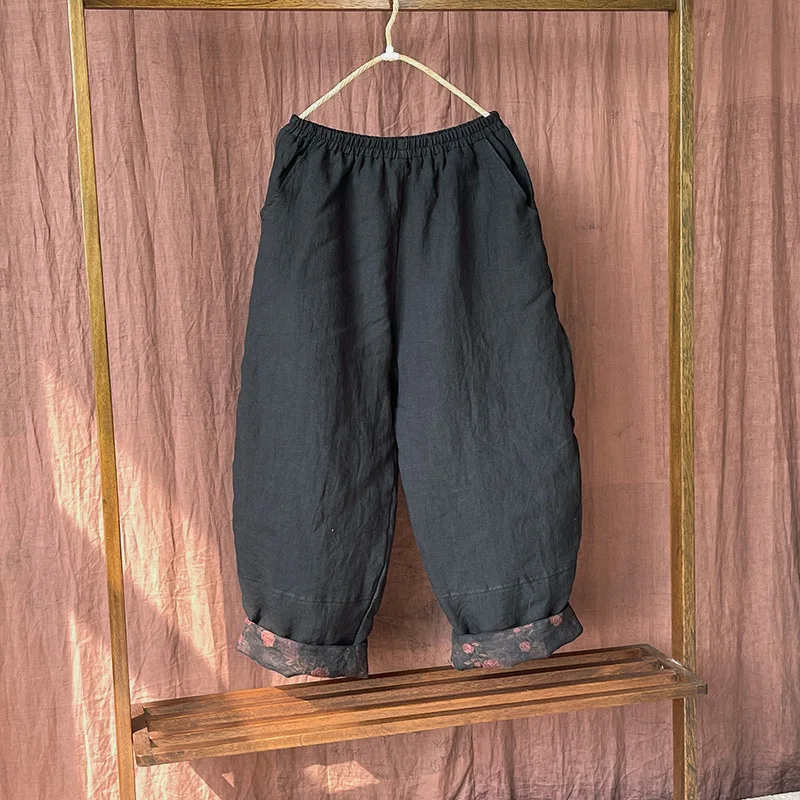 Johnature Women Vintage Linen Elastic Waist Pants Plus Cotton Warm Winter Trouser 2025 New Solid Color Pockets Loose Long Pants