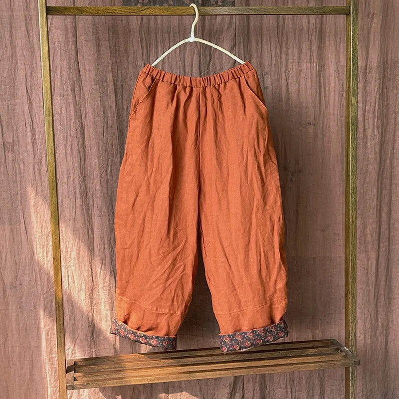 Johnature Women Vintage Linen Elastic Waist Pants Plus Cotton Warm Winter Trouser 2025 New Solid Color Pockets Loose Long Pants