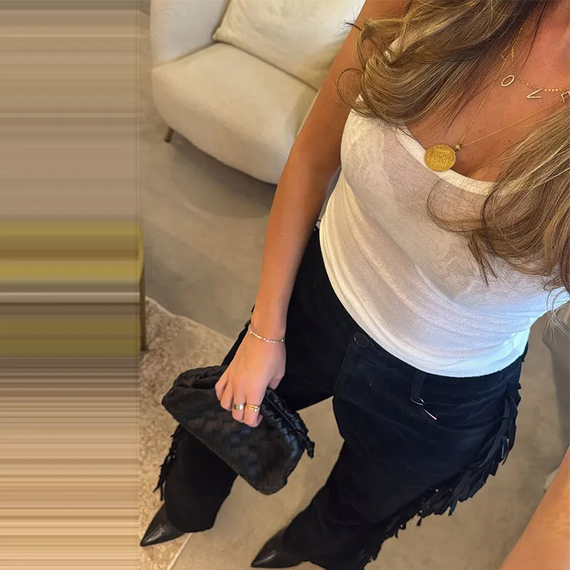 Casual Tassels Trousers Women's Solid Faux Suede Zipper Button Long Pants 2026 Spring New Female Fashion Streetwear
