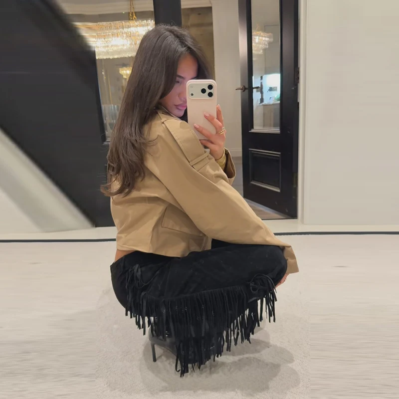 Casual Tassels Trousers Women's Solid Faux Suede Zipper Button Long Pants 2026 Spring New Female Fashion Streetwear