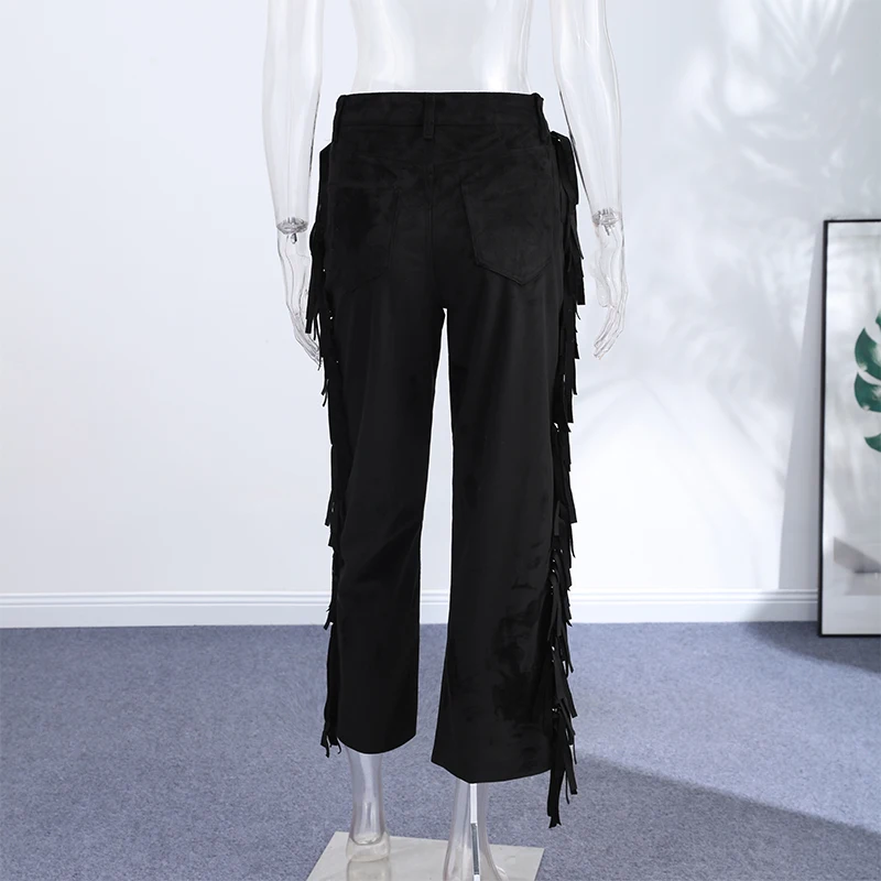 Casual Tassels Trousers Women's Solid Faux Suede Zipper Button Long Pants 2026 Spring New Female Fashion Streetwear