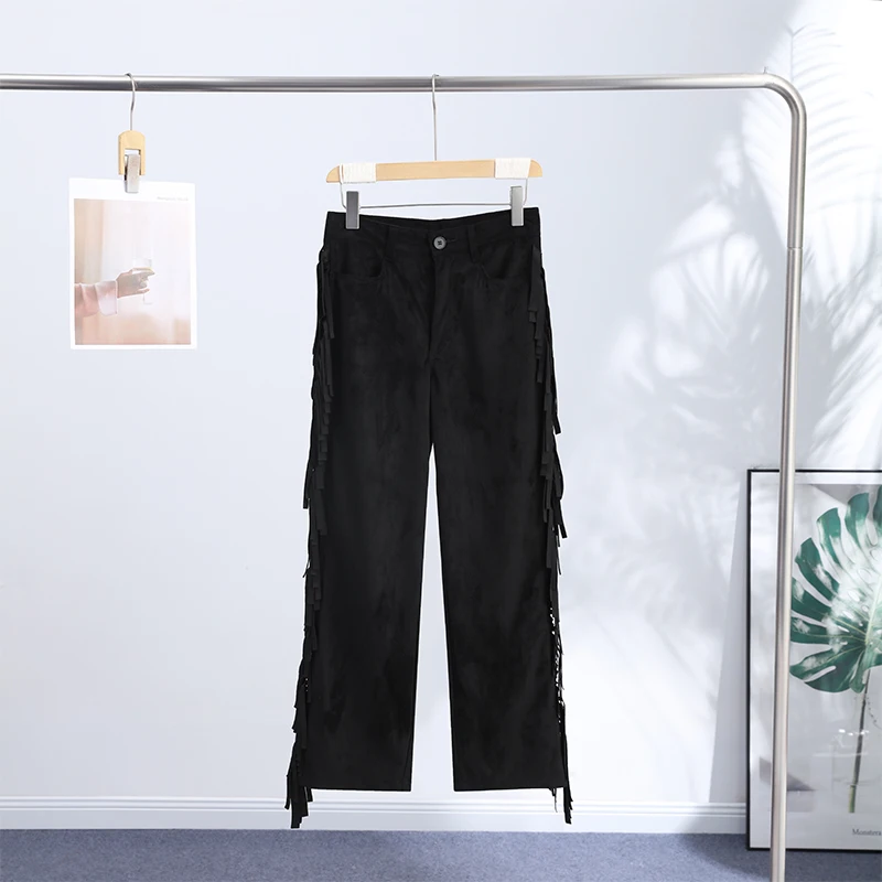 Casual Tassels Trousers Women's Solid Faux Suede Zipper Button Long Pants 2026 Spring New Female Fashion Streetwear