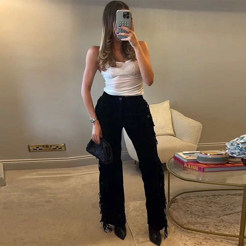 Casual Tassels Trousers Women's Solid Faux Suede Zipper Button Long Pants 2026 Spring New Female Fashion Streetwear