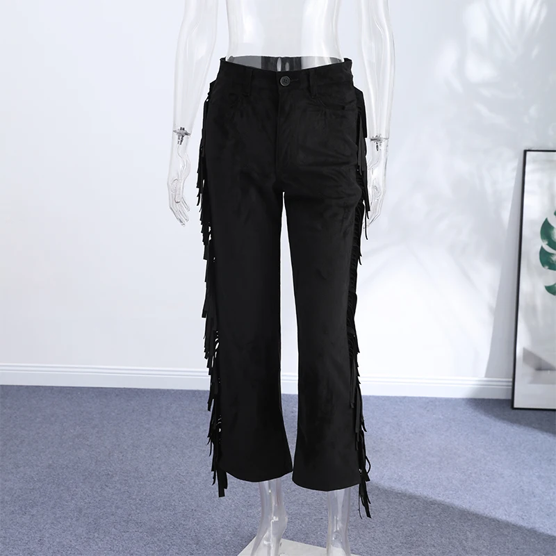 Casual Tassels Trousers Women's Solid Faux Suede Zipper Button Long Pants 2026 Spring New Female Fashion Streetwear