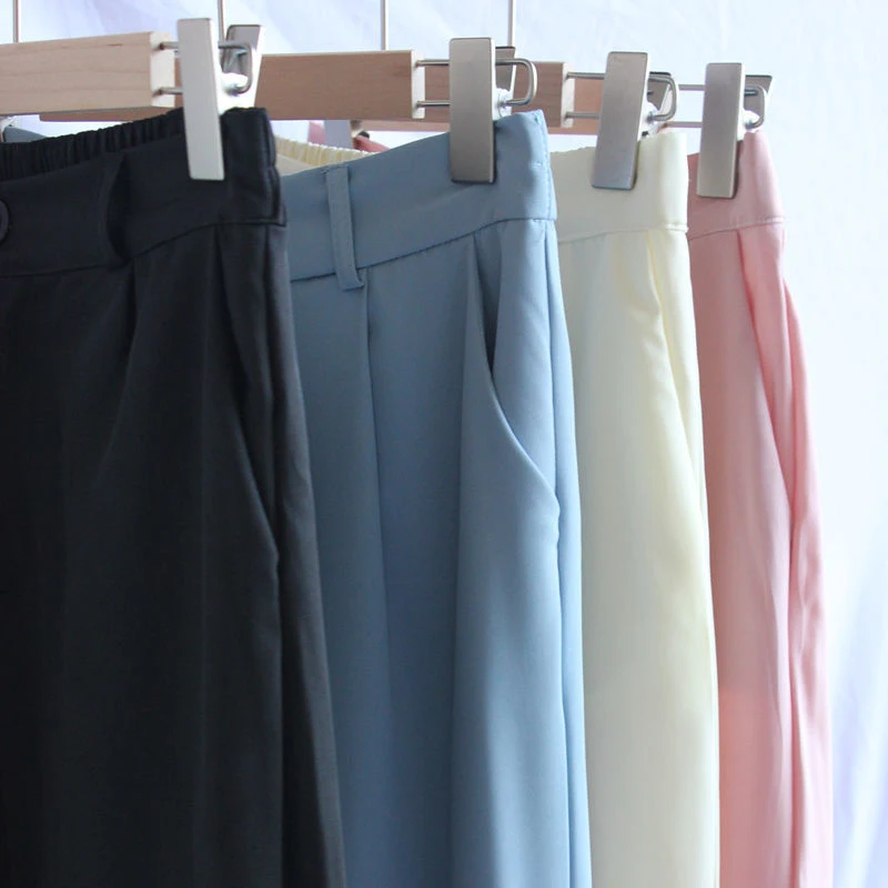 Women Fashion Suit Pant High Waist Casual Loose Straight Solid Trouser Office Lady Streetwear Button Up Elastic Nine Points Pant