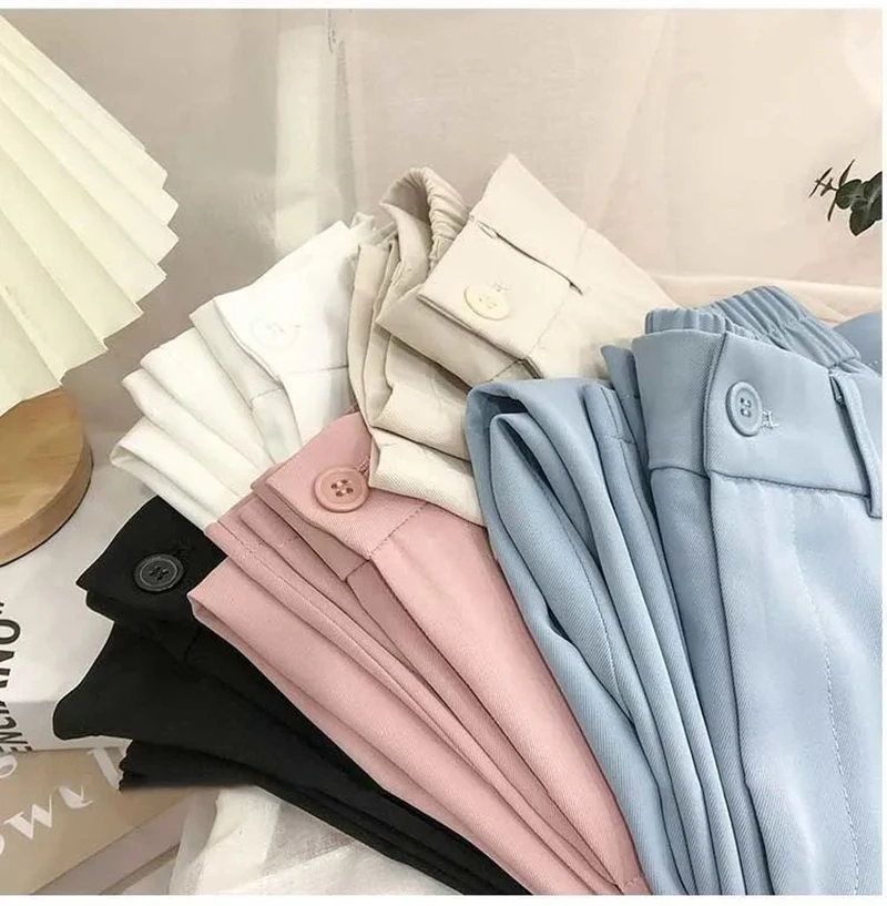 Women Fashion Suit Pant High Waist Casual Loose Straight Solid Trouser Office Lady Streetwear Button Up Elastic Nine Points Pant