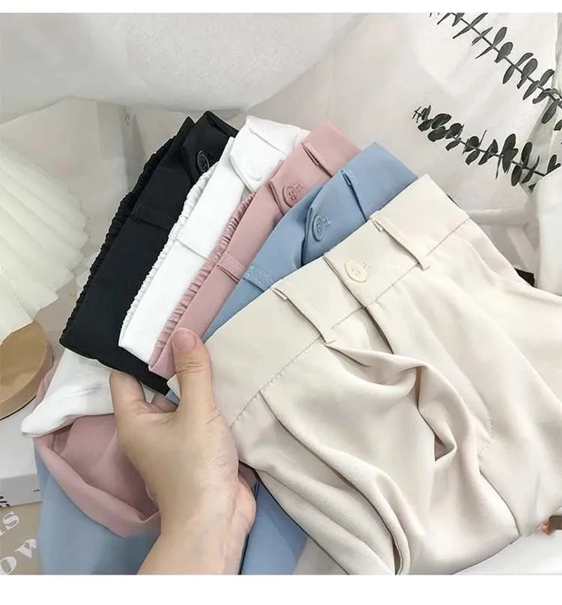 Women Fashion Suit Pant High Waist Casual Loose Straight Solid Trouser Office Lady Streetwear Button Up Elastic Nine Points Pant