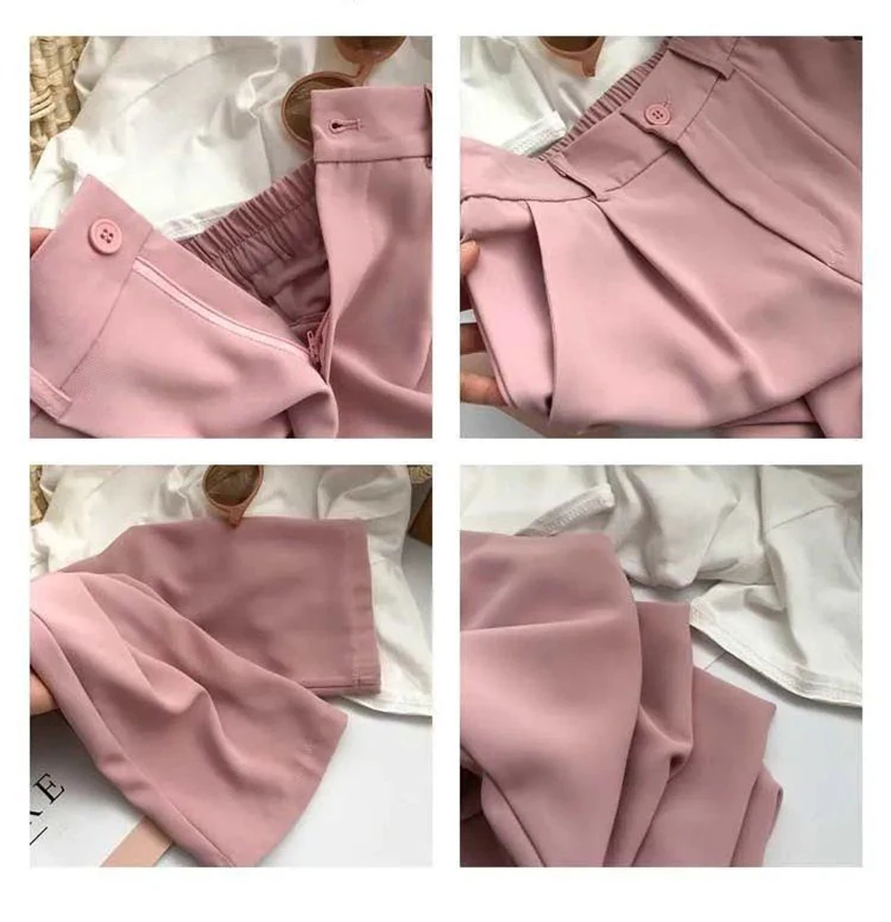 Women Fashion Suit Pant High Waist Casual Loose Straight Solid Trouser Office Lady Streetwear Button Up Elastic Nine Points Pant