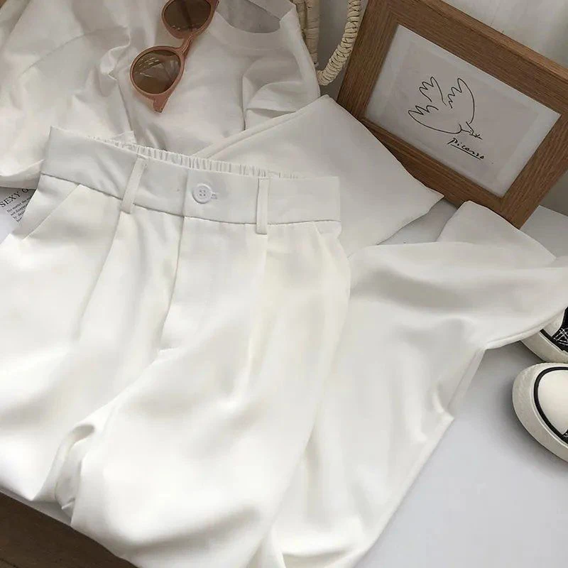 Women Fashion Suit Pant High Waist Casual Loose Straight Solid Trouser Office Lady Streetwear Button Up Elastic Nine Points Pant