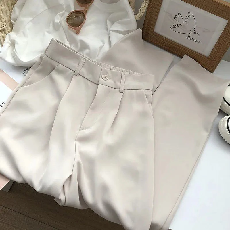 Women Fashion Suit Pant High Waist Casual Loose Straight Solid Trouser Office Lady Streetwear Button Up Elastic Nine Points Pant