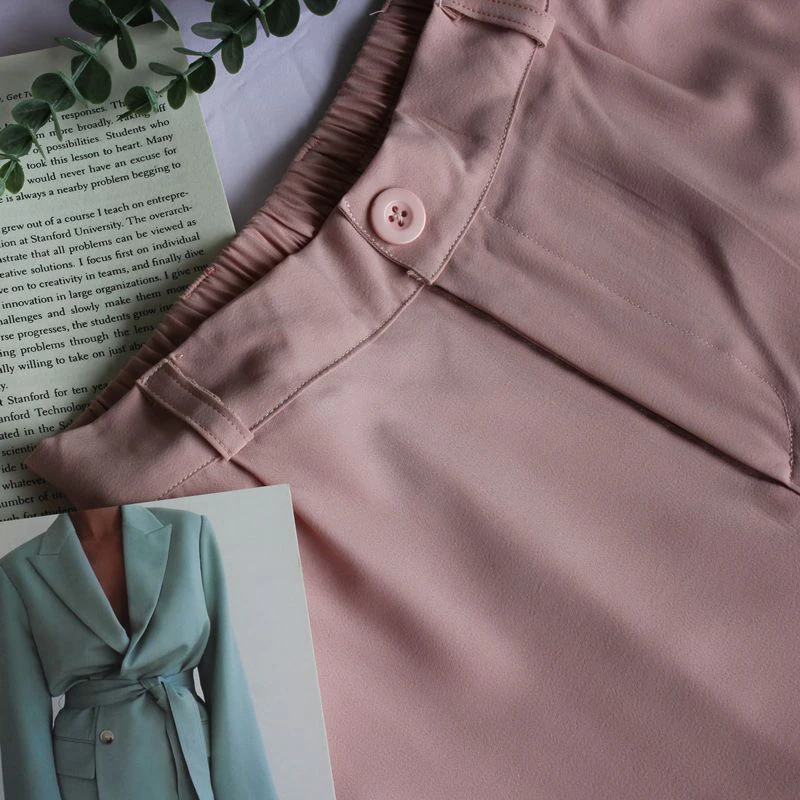 Women Fashion Suit Pant High Waist Casual Loose Straight Solid Trouser Office Lady Streetwear Button Up Elastic Nine Points Pant