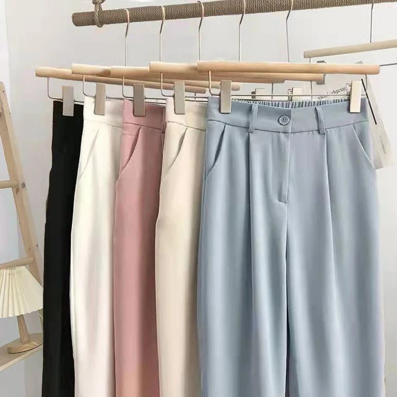 Women Fashion Suit Pant High Waist Casual Loose Straight Solid Trouser Office Lady Streetwear Button Up Elastic Nine Points Pant