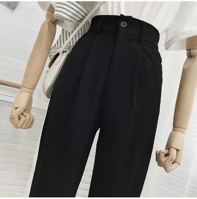 Women Fashion Suit Pant High Waist Casual Loose Straight Solid Trouser Office Lady Streetwear Button Up Elastic Nine Points Pant