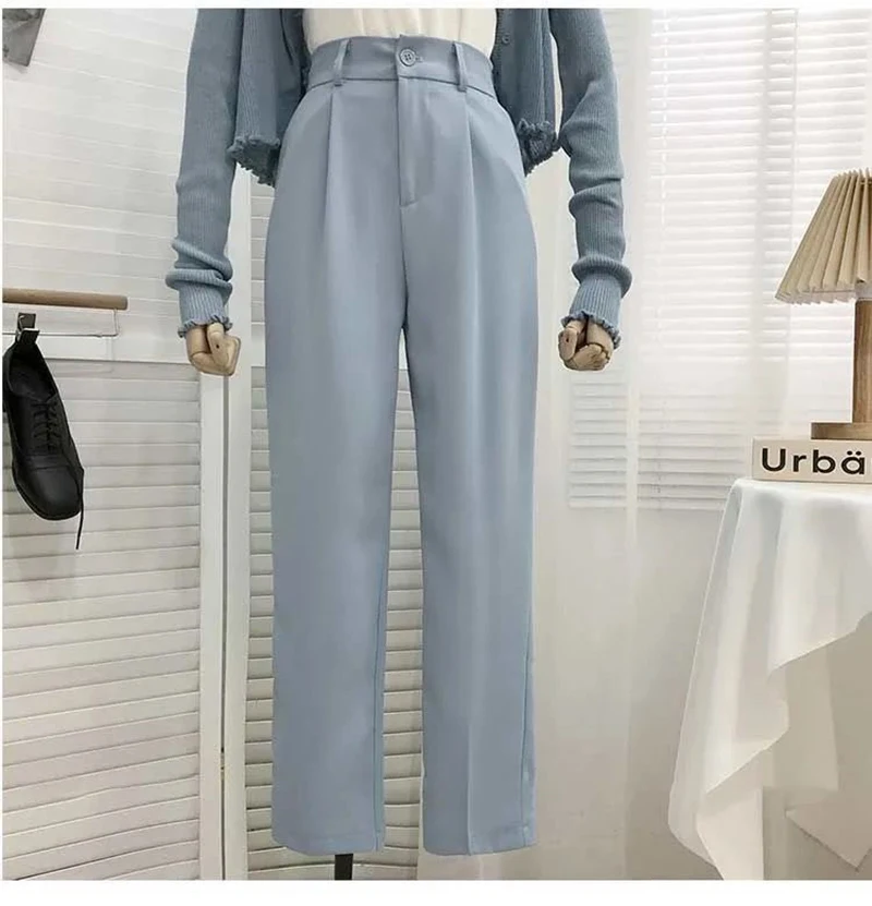 Women Fashion Suit Pant High Waist Casual Loose Straight Solid Trouser Office Lady Streetwear Button Up Elastic Nine Points Pant