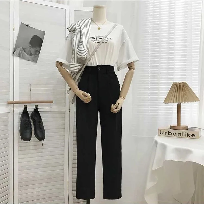 Women Fashion Suit Pant High Waist Casual Loose Straight Solid Trouser Office Lady Streetwear Button Up Elastic Nine Points Pant