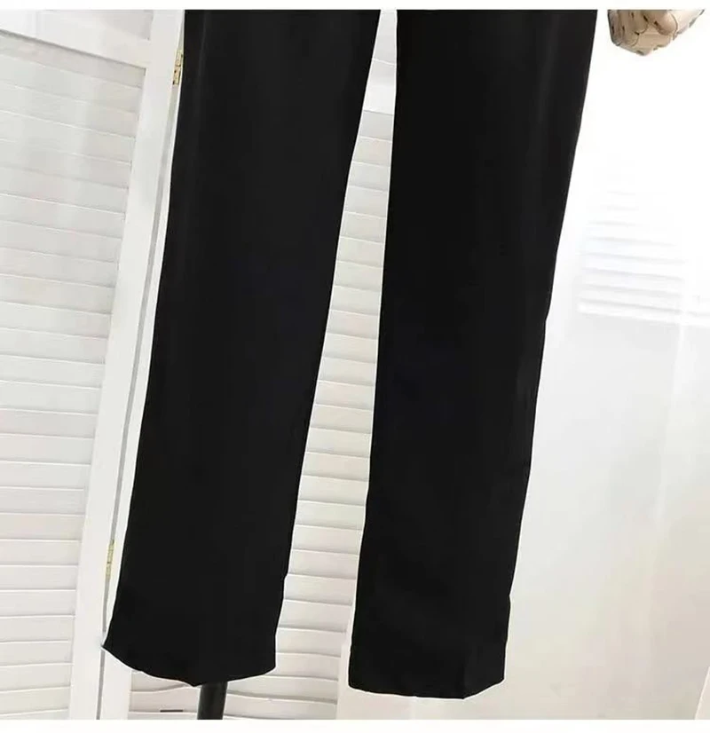 Women Fashion Suit Pant High Waist Casual Loose Straight Solid Trouser Office Lady Streetwear Button Up Elastic Nine Points Pant