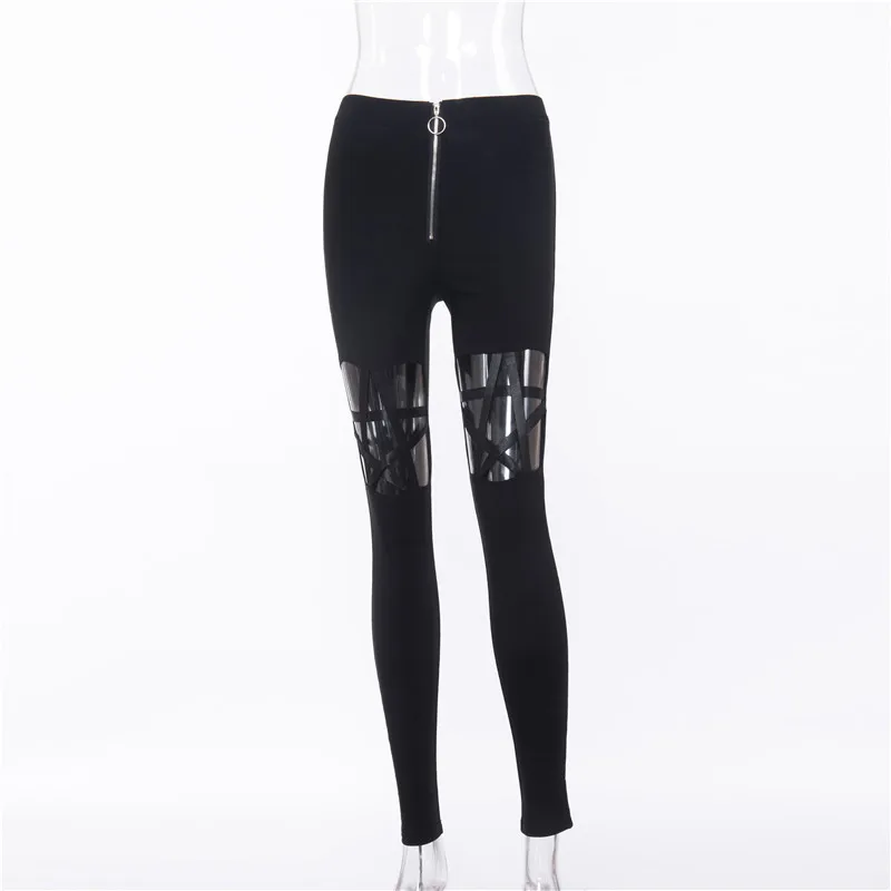 [You're My Secret] Hollow Out Pants Goth Sexy Pentagram Y2K Harajuku Grunge Black High Waist Elastic Trousers Punk Zipper Pants