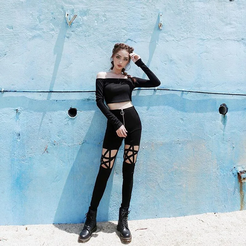 [You're My Secret] Hollow Out Pants Goth Sexy Pentagram Y2K Harajuku Grunge Black High Waist Elastic Trousers Punk Zipper Pants