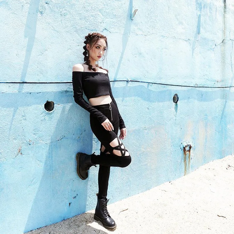 [You're My Secret] Hollow Out Pants Goth Sexy Pentagram Y2K Harajuku Grunge Black High Waist Elastic Trousers Punk Zipper Pants