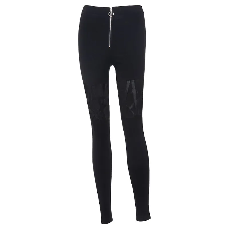 [You're My Secret] Hollow Out Pants Goth Sexy Pentagram Y2K Harajuku Grunge Black High Waist Elastic Trousers Punk Zipper Pants