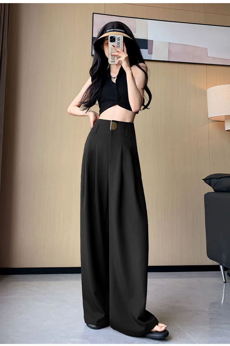 High Waist Suit Wide Leg Women's Full Pants Buttons Spring Summer Female Elegant Minimalism Straight Loose Trousers 2024 New