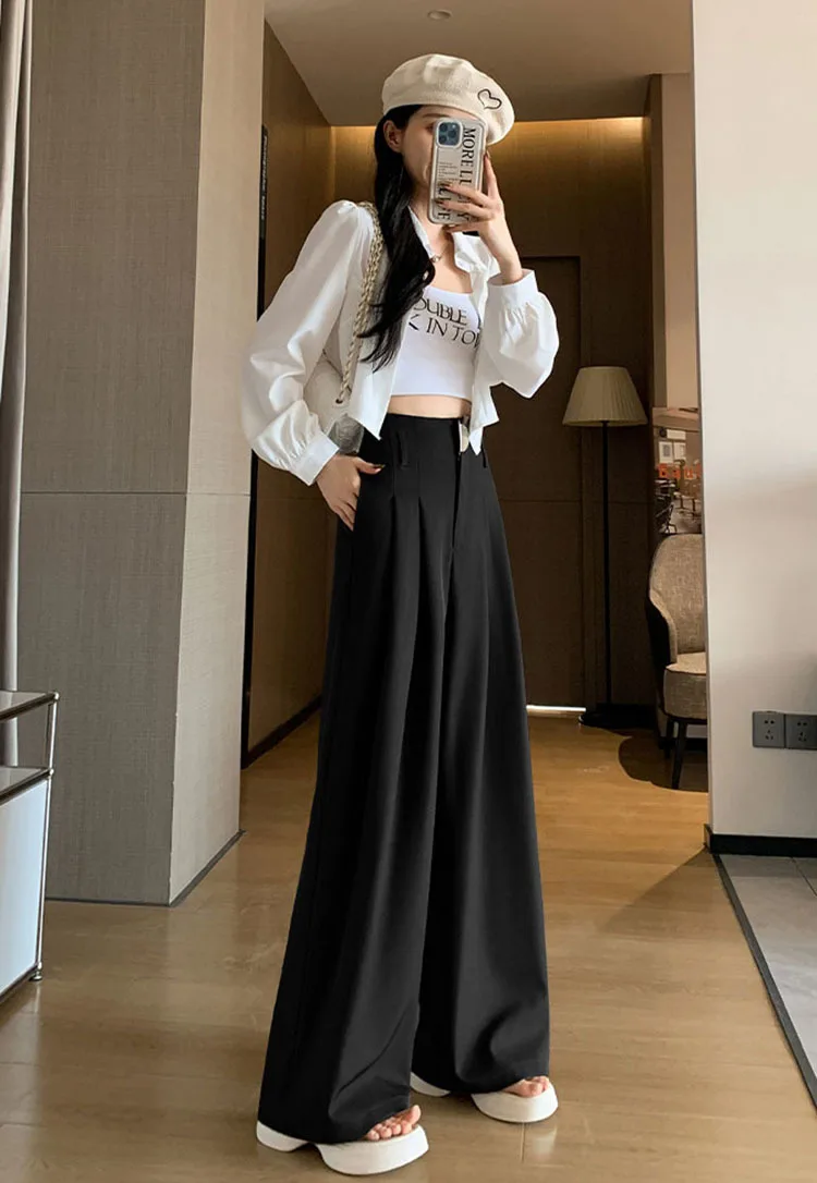 High Waist Suit Wide Leg Women's Full Pants Buttons Spring Summer Female Elegant Minimalism Straight Loose Trousers 2024 New