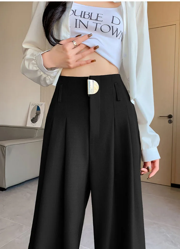 High Waist Suit Wide Leg Women's Full Pants Buttons Spring Summer Female Elegant Minimalism Straight Loose Trousers 2024 New