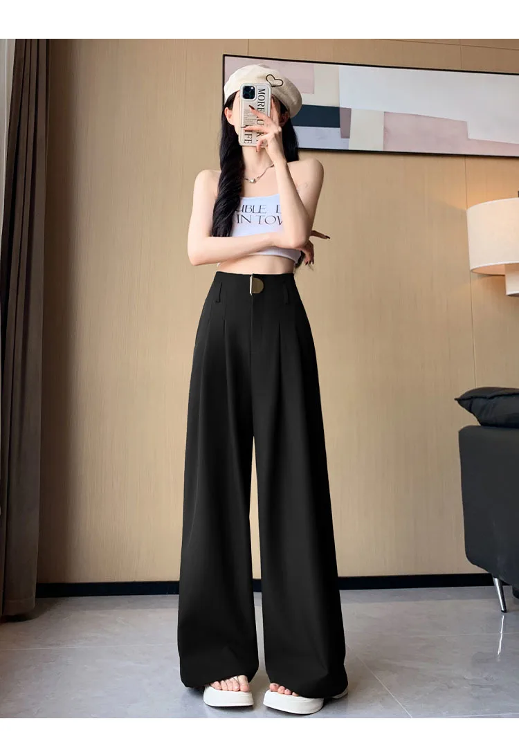 High Waist Suit Wide Leg Women's Full Pants Buttons Spring Summer Female Elegant Minimalism Straight Loose Trousers 2024 New