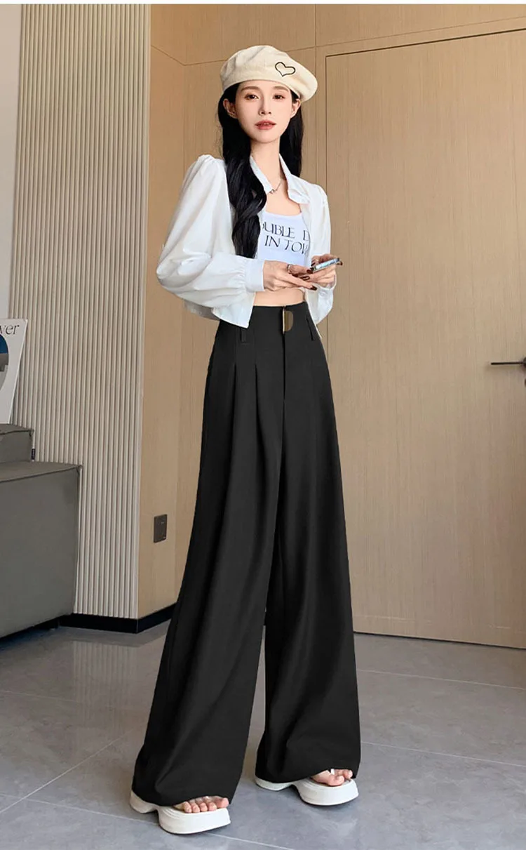High Waist Suit Wide Leg Women's Full Pants Buttons Spring Summer Female Elegant Minimalism Straight Loose Trousers 2024 New