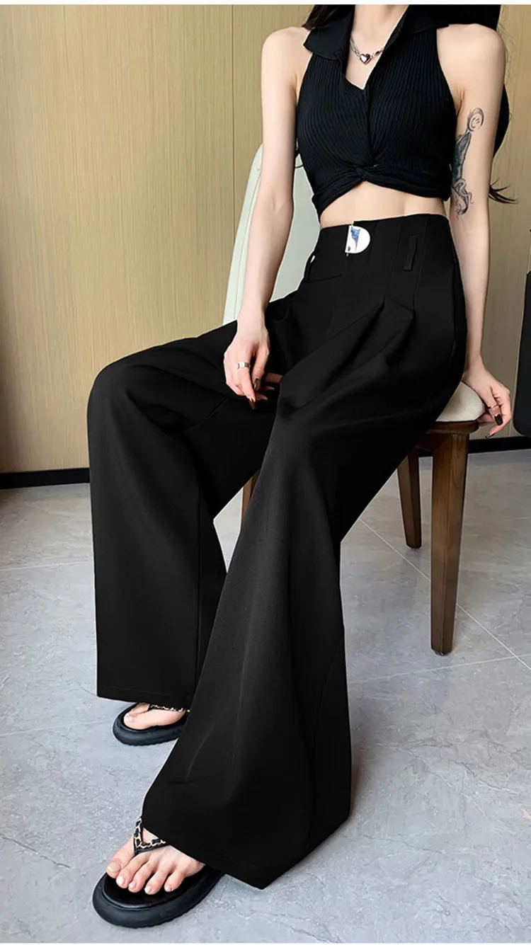 High Waist Suit Wide Leg Women's Full Pants Buttons Spring Summer Female Elegant Minimalism Straight Loose Trousers 2024 New