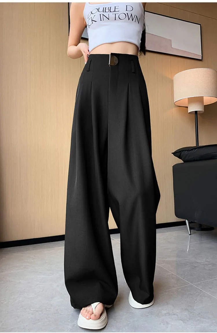 High Waist Suit Wide Leg Women's Full Pants Buttons Spring Summer Female Elegant Minimalism Straight Loose Trousers 2024 New