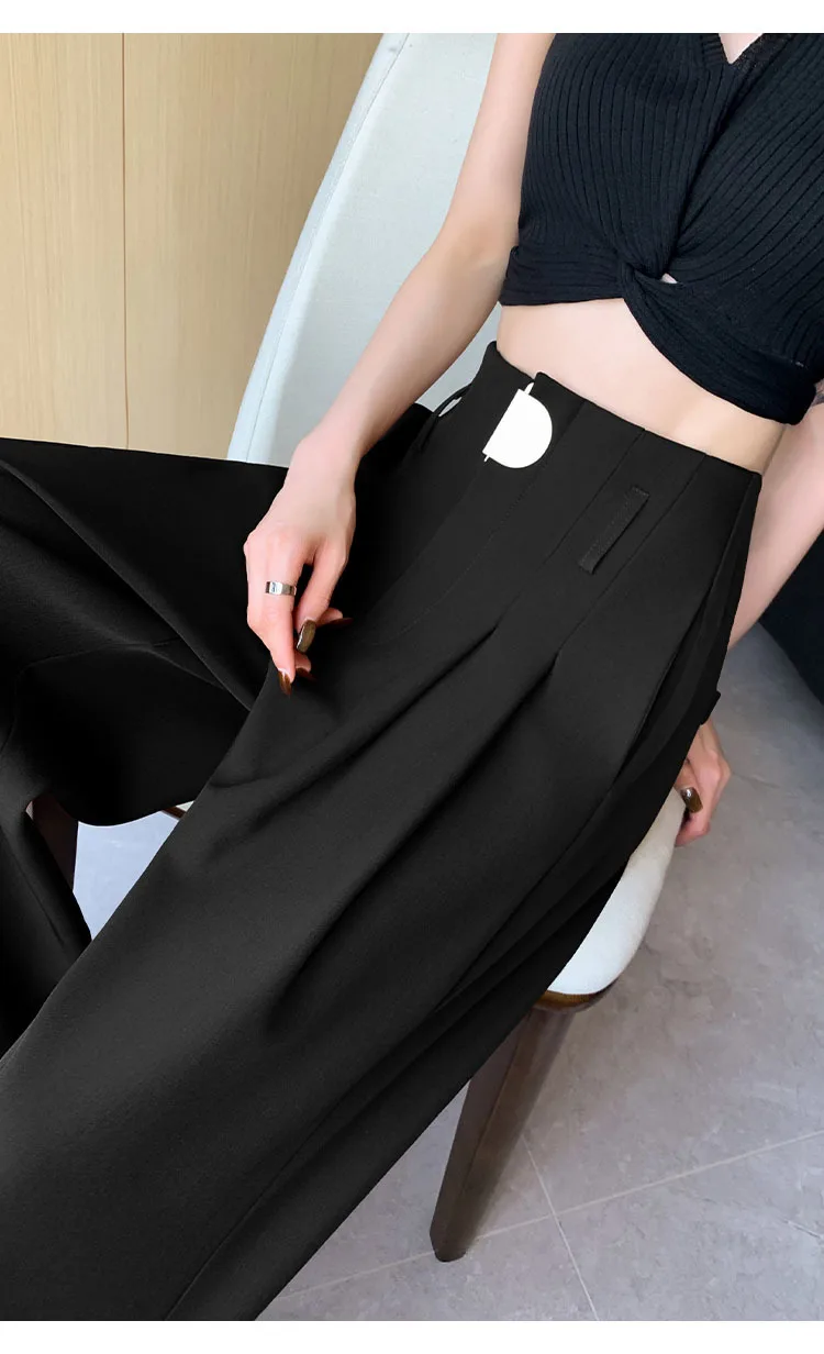 High Waist Suit Wide Leg Women's Full Pants Buttons Spring Summer Female Elegant Minimalism Straight Loose Trousers 2024 New