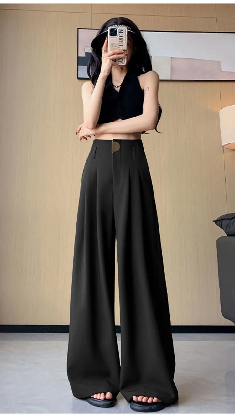High Waist Suit Wide Leg Women's Full Pants Buttons Spring Summer Female Elegant Minimalism Straight Loose Trousers 2024 New